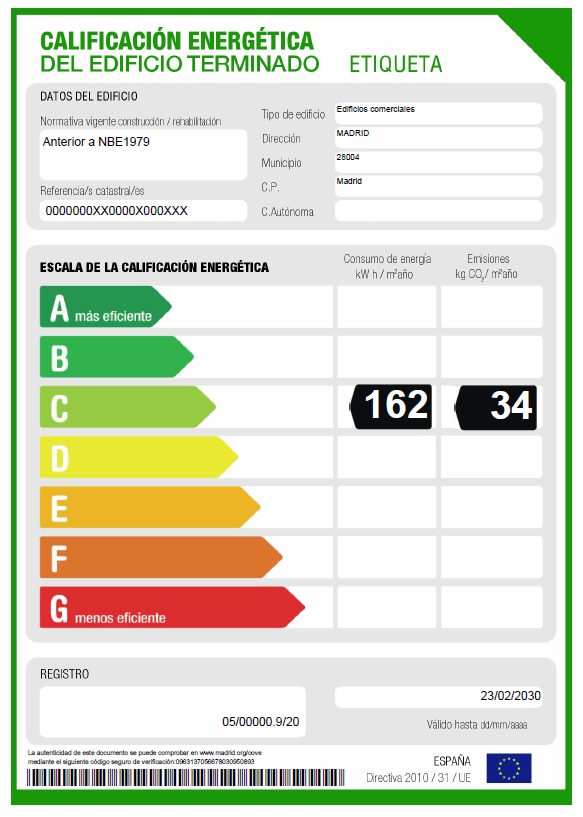 Example of energy efficiency rating label showing building efficiency on an A to G scale